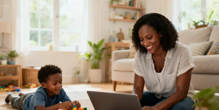 Mãe trabalhando ao lado do filho